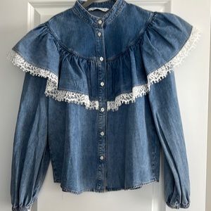 Zara denim long sleeved shirt with ruffle and lace detail